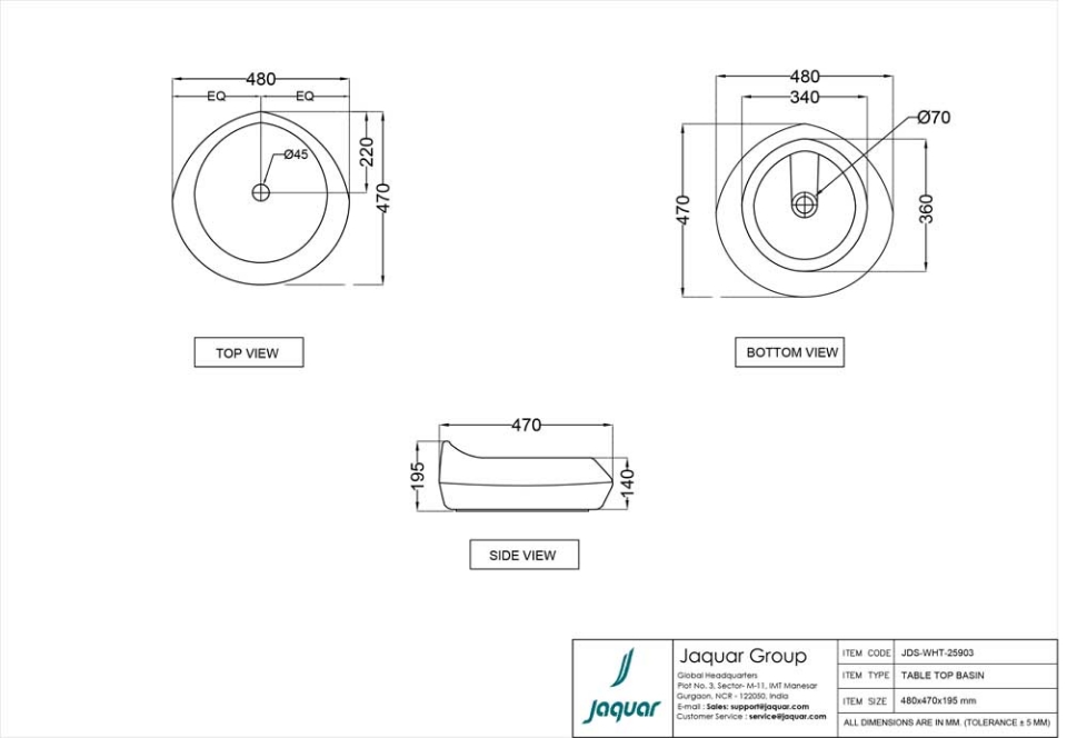 Jaquar Sanitaryware, Jdr, TABLE TOP BASIN JDSWHT0543 Price